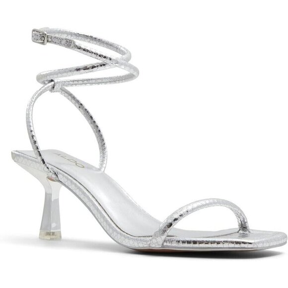 New in Box ALDO Womens DIME Strappy Sandals 8.5M Silver Snakeskin Wedding Formal - Picture 1 of 5